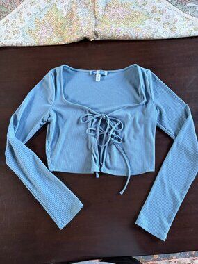 Urban Outfitters Blue Ribbed Tie Front Crop Top